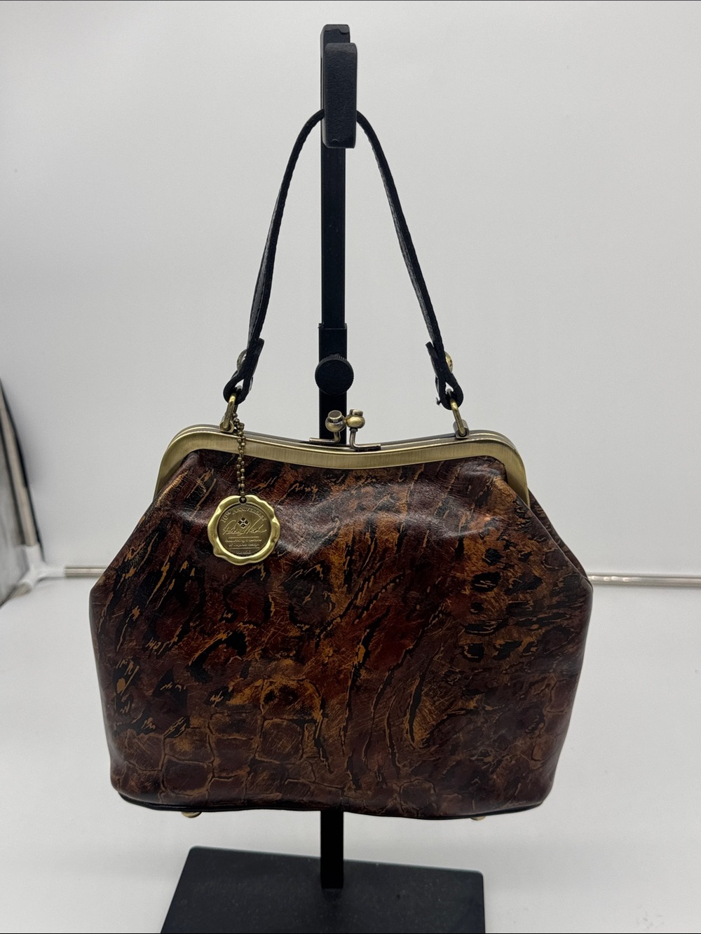 Patricia Nash Distressed Brown Leather Frame Wristlet Shoulder bag Brass Accent